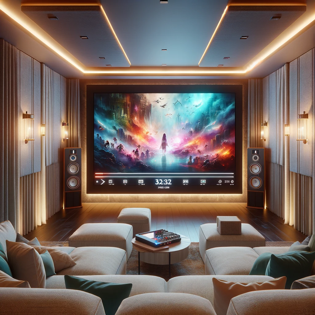 cozy, modern living room turned into a home theater. The room features a large projector screen displaying a vivid, colorful movie scene. Surround sound speakers are strategically placed around the room for optimal audio effect, and plush seating is arranged for comfortable viewing