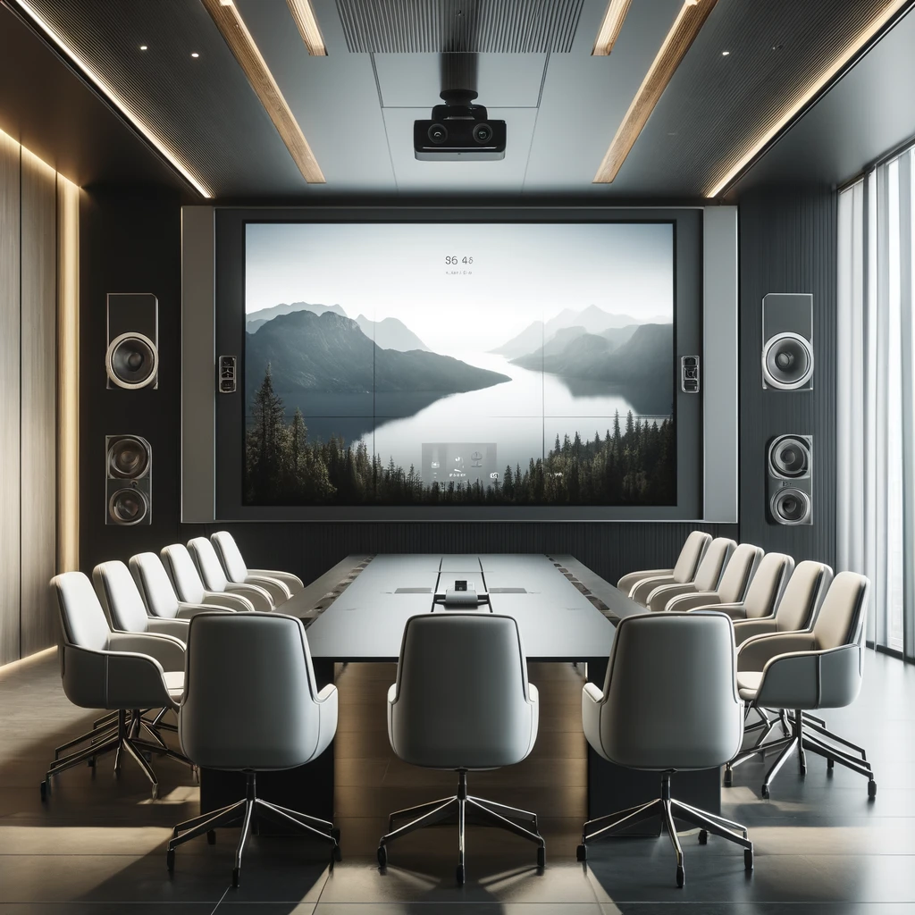 sleek, professional conference room equipped with the latest AV technology. A large screen displays a high-resolution video conference, with speakers integrated into the room's design for clear sound. The setting includes modern furniture and is illuminated by natural light, highlighting a minimalist yet functional design that promotes effective communication.