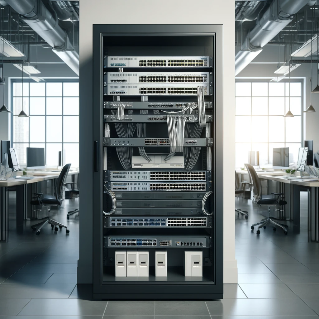 modern office space featuring a neatly organized network infrastructure cabinet, showcasing meticulous planning and attention to detail in setting up a reliable network