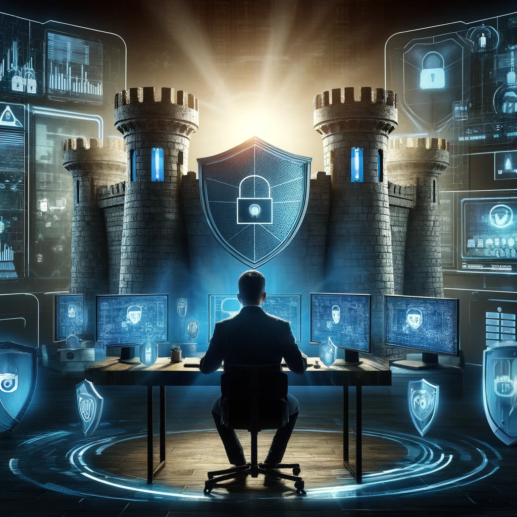 digital fortress representing cybersecurity, complete with shields and protective barriers. A cybersecurity expert is shown analyzing data on multiple screens, emphasizing the vigilant and proactive measures required to safeguard sensitive information and defend against cyber threats.